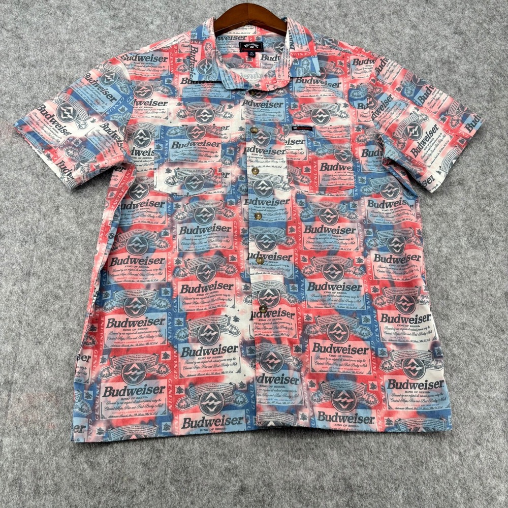 Billabong Budweiser Beer Label Print Button Down Shirt Mens Medium Multicolor